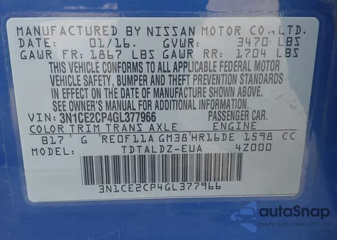 2016 Nissan Versa Note S (Sr)/S Plus/Sl/Sr/Sv from USA, damaged, VIN 3N1CE2CP4GL377966